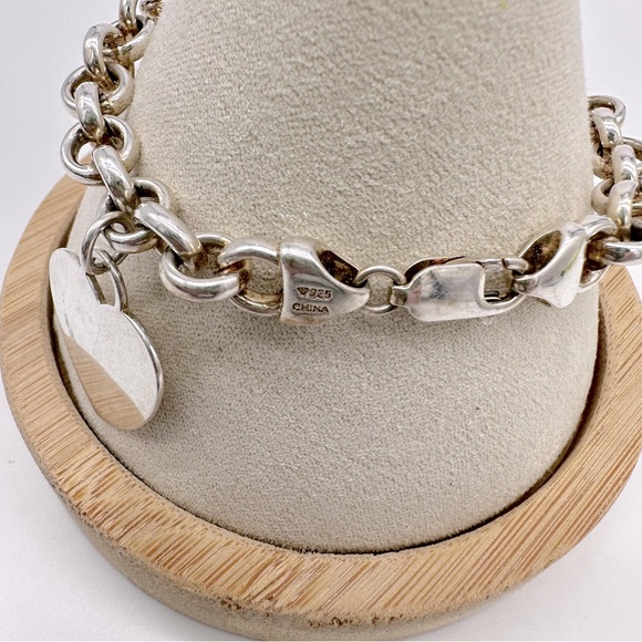 Sterling Silver Heart Charm Bracelet Heart Tag Round Links Marked 925 - Picture 2 of 4